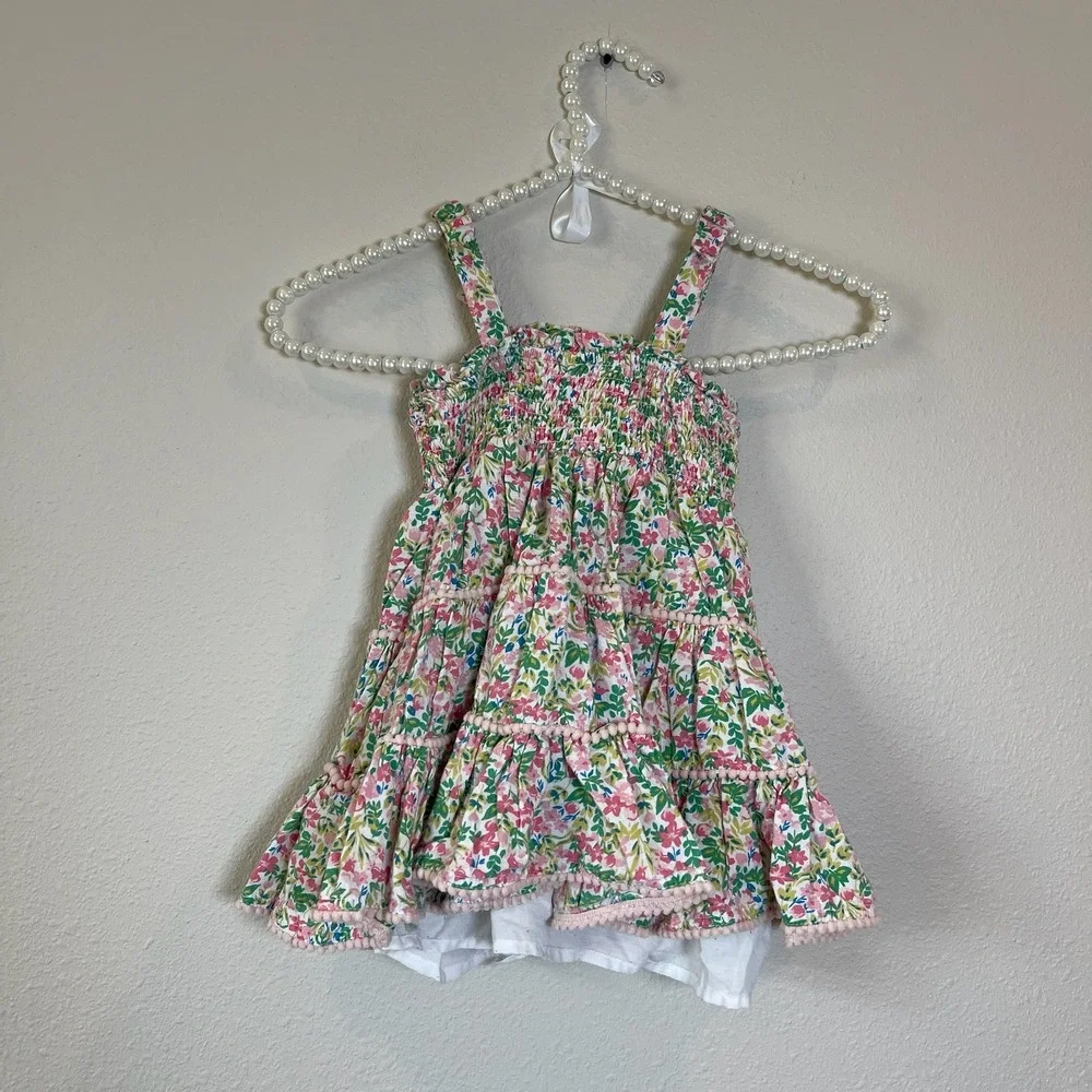 Joie Toddler Girls Floral Smocked Tiered Pom Pom Trim Dress Size 2T Multicolor